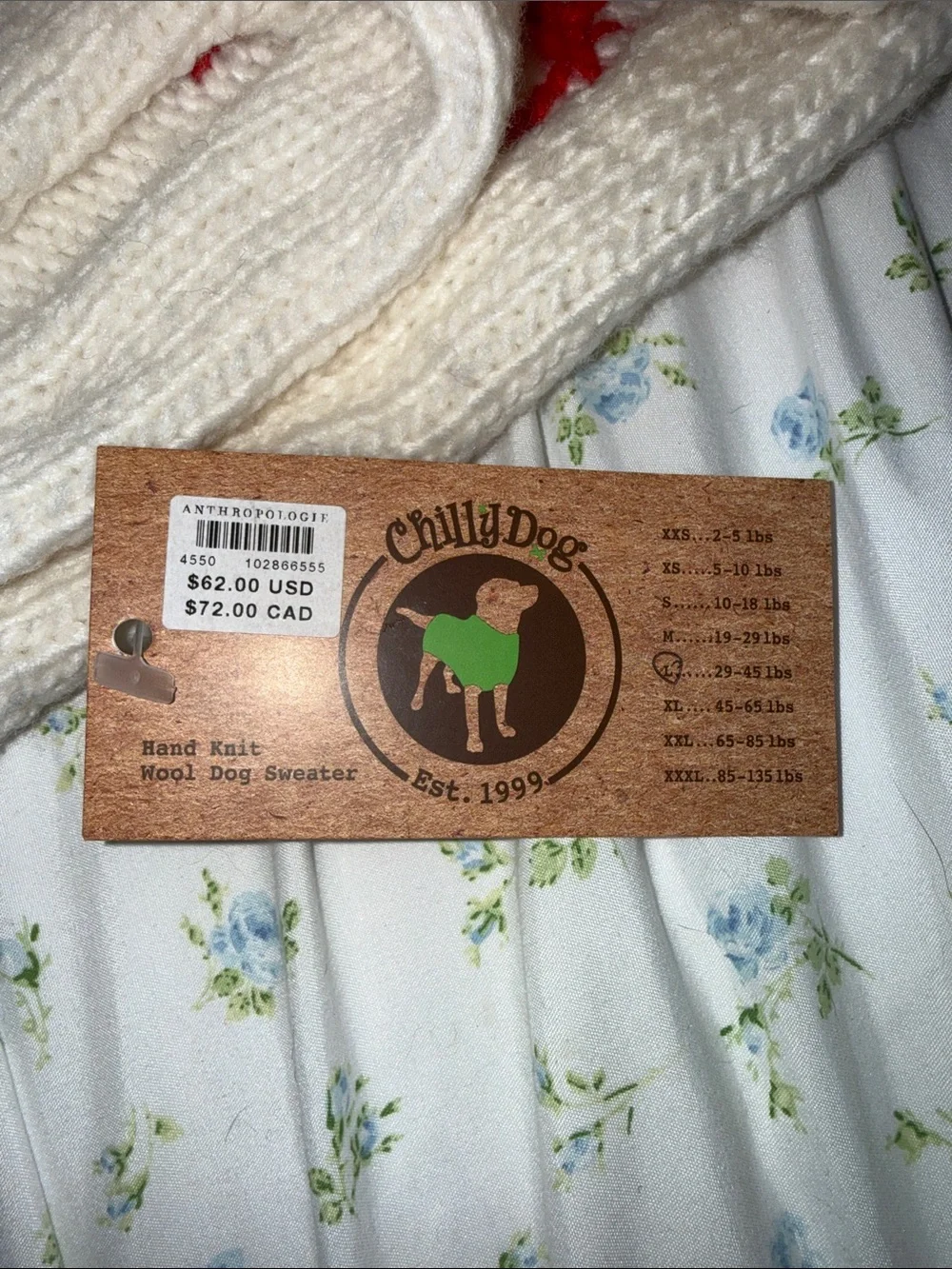 Anthropologie Chilly Dog “Under the Mistletoe” Hand Knit Dog Sweater Holiday
